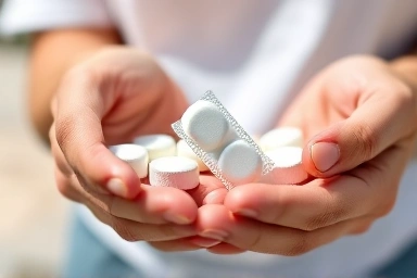 Hands holding small, individually wrapped solid toothpaste tablets